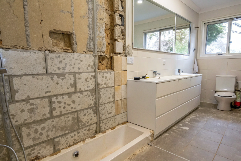 Exposed bathroom wall substrate after tile removal in Rutherford showing adhesive residue and preparation issues