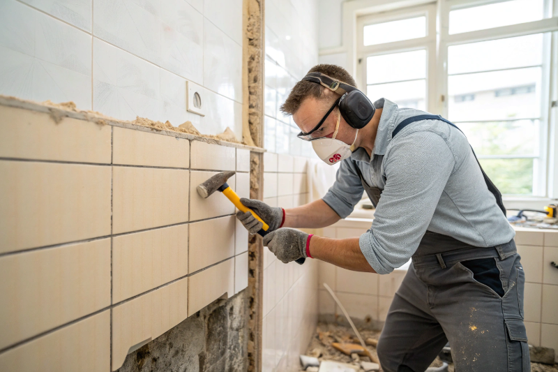 Professional tile removal in Edgeworth bathroom showing partially removed beige ceramic tiles