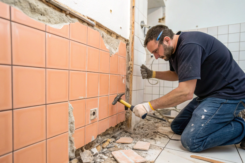 Professional tradesperson removing old bathroom tiles in Wallsend home