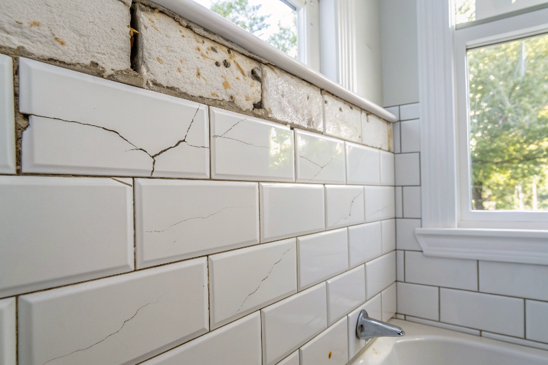 Defective bathroom tiles in Rutherford showing lippage and cracked grout from poor builder installation