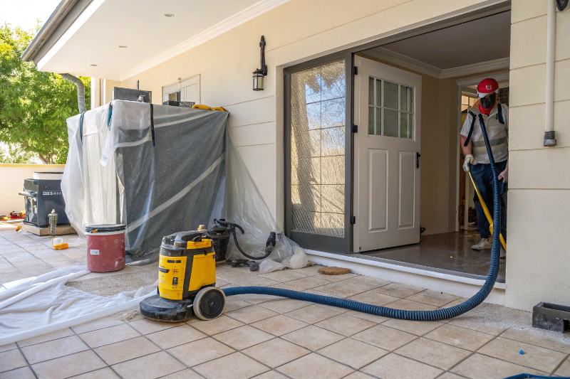 Professional dust extraction and containment setup for tile removal in Edgeworth home