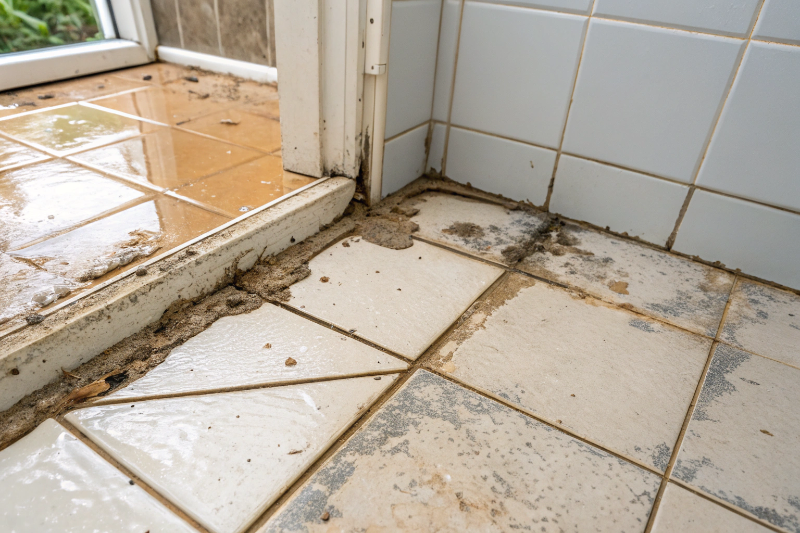 Flood-damaged bathroom tiles showing water stains and deterioration common in Raymond Terrace Hunter River area properties