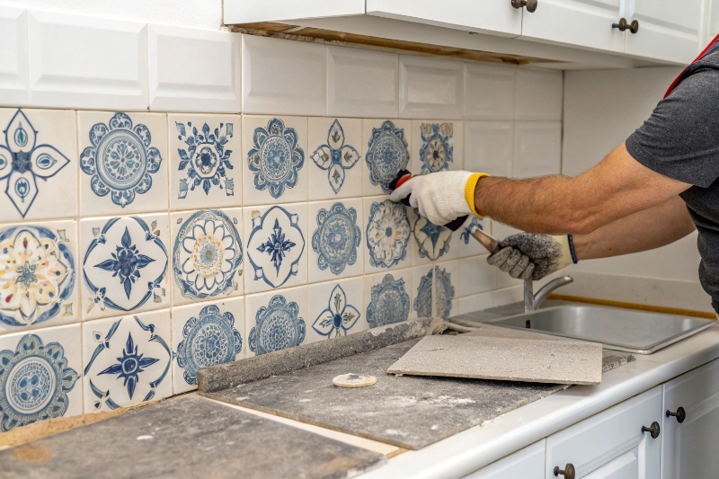 Professional kitchen splashback tile removal in Newcastle showing careful demolition around expensive cabinetry and stone benchtops with protective covering