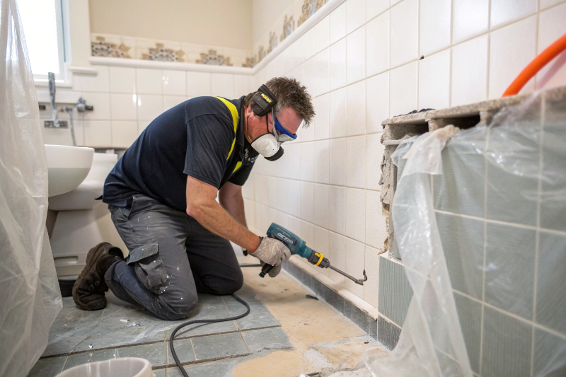 Professional tile removal service in Rutherford bathroom with proper dust control and site protection